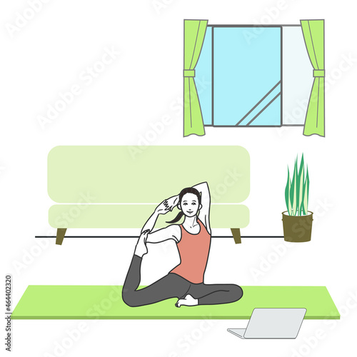 家でヨガのポーズピジョンをする若い笑顔の女性の全身のシンプルな線画イラスト