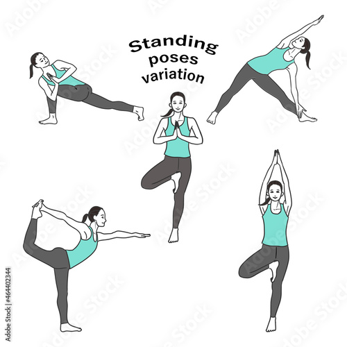 ヨガの立位ポーズ、木のポーズ、プレイヤーズツイスト、ダンサーのポーズ、トライアングルのポーズをする若い笑顔の女性の全身のシンプルな線画のセットイラスト