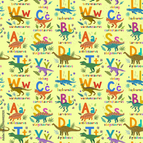 Seamless pattern with cute cartoon doodle dinosaurs, nature elements and hand drawn letters. Adorable children design.