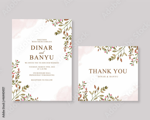 Wedding card invitation template with watercolor leaves