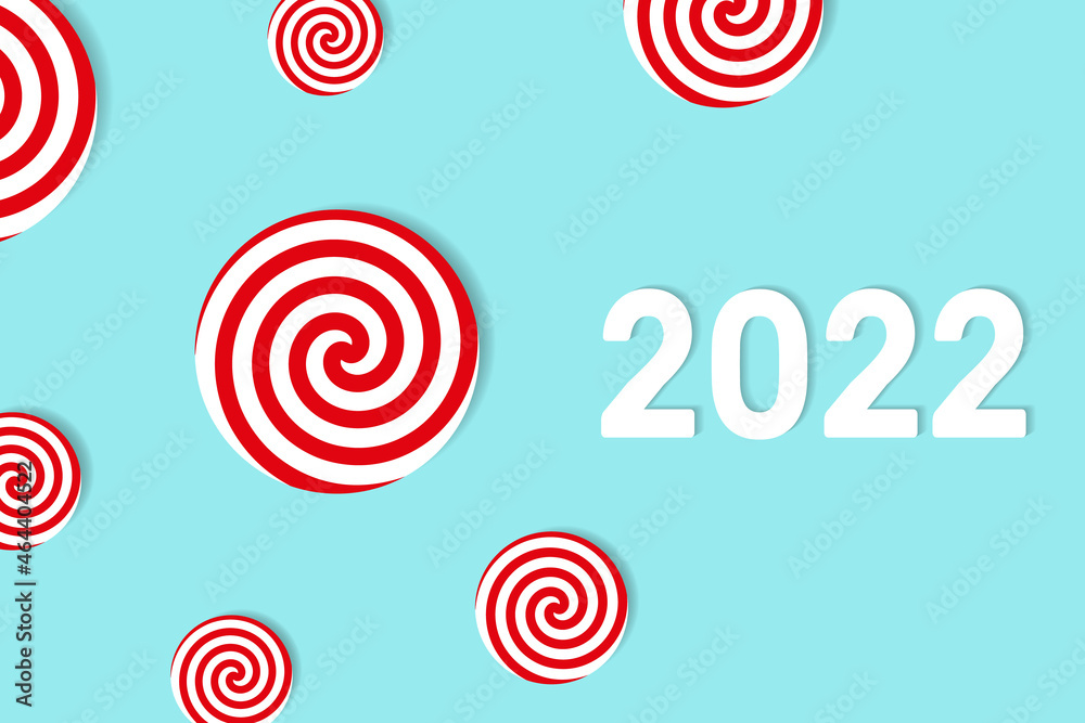 Abstract background with swirl white-res circles and 2022 on blue backdrop. Happy New Year design. Minimalistic cool vector illustration. May use for website, banner, calendar, greeting card Abstract background with swirl white-res circles and 2022 on blue backdrop. Happy New Year design. Minimalistic cool vector illustration. May use for website, banner, calendar, greeting card