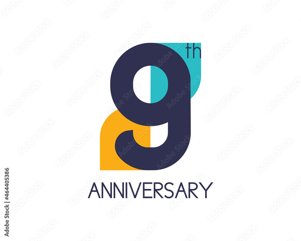 9th anniversary geometric logo. Overlap shapes for birthday design. Minimalist nine year celebration