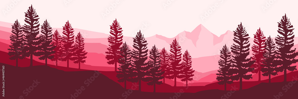 Naklejka premium pink mountain landscape illustration vector for banner background, web background, apps background, tourism design template and adventure backdrop