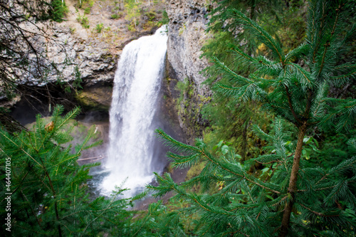 Moul Falls in Wells Gray Provincial Park, Clearwater BC, a beautiful powerful waterfall, rocky terrain.