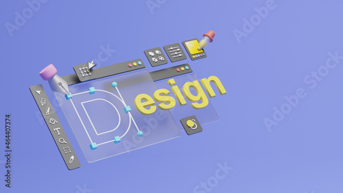 Graphic designer creative creator design logo artwork curve pen tool illustration equipment icons digital computer display workspace. Graphic design software. 3d rendering.