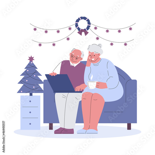 Elderly couple at Christmas communicates greets with a laptop. Vector illustration in flat style.