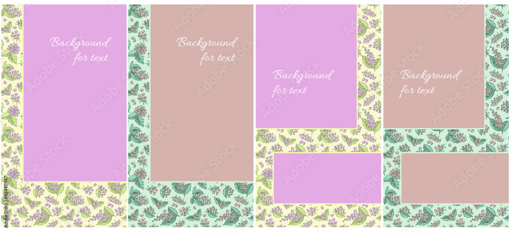 Set multicolored vertical Template Background for Holidays stories on floral yellow and turquoise seamless pattern. Rectangular and square pink and brown Backgrounds for text. Felt pen Floral Element