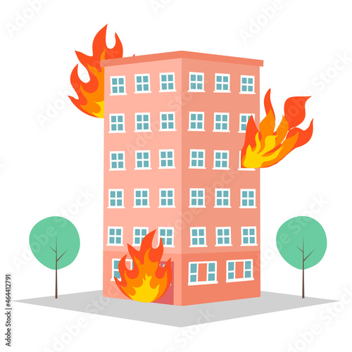Fire burning tower of city building. Orange flames in the windows of apartment on white background. Building fire flat design vector illustration.