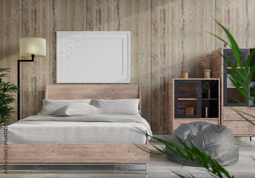 3D Modern interior of bedroom with mockup photo frame