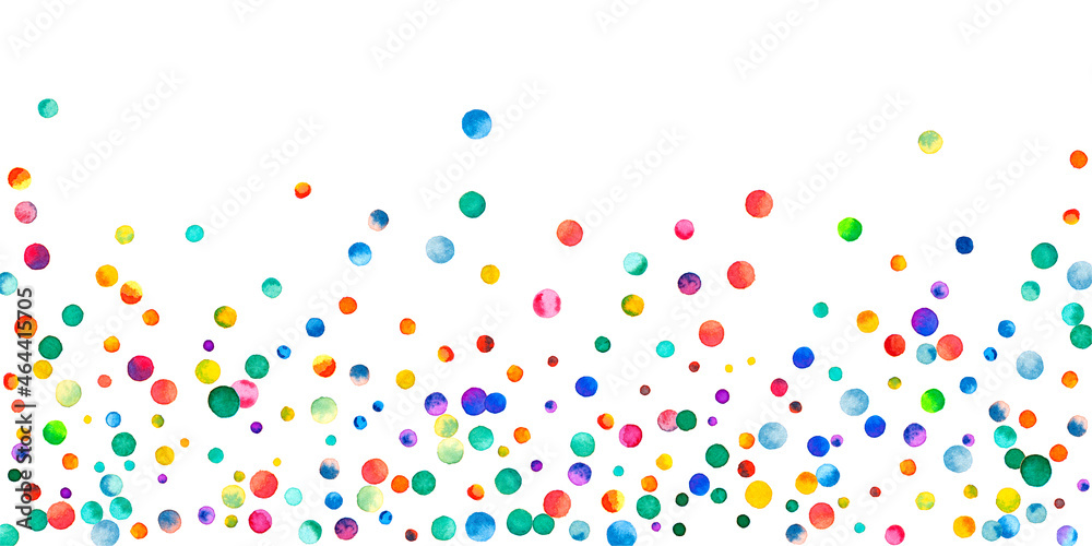 Watercolor confetti on white background. Alluring rainbow colored dots. Happy celebration wide colorful bright card. Bizarre hand painted confetti.