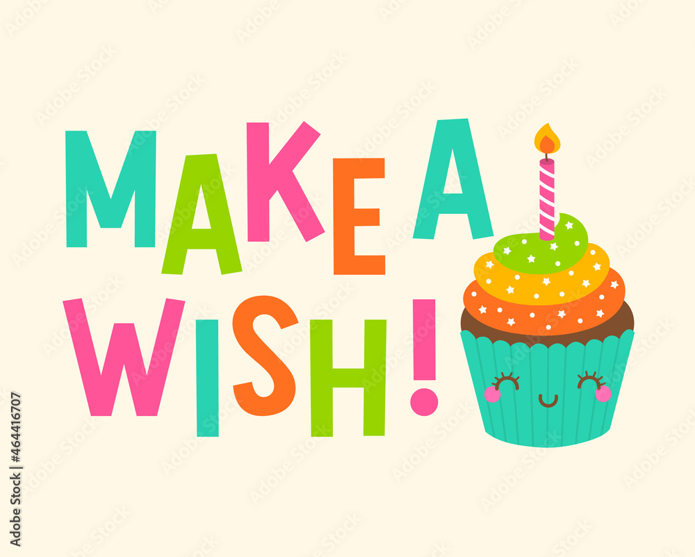 “Make a wish” typography design with cute cupcake cartoon illustration design for greeting card, postcard, poster or banner. “Make a wish” typography design with cute cupcake cartoon illustration design for greeting card, postcard, poster or banner.