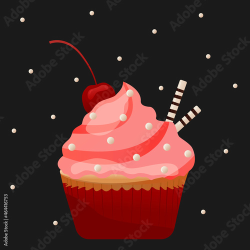 Single cupcake with pink icing, chocolate sticks and cherry on top. Cupcake vector illustration on dark background. Eps 10.