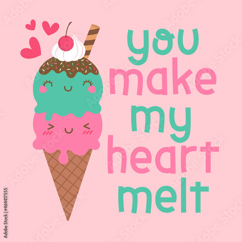 Cute ice cream cones couple illustration with text    You make my heart melt    for valentine   s day card design.