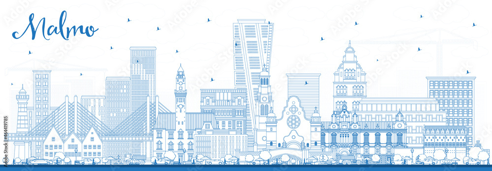 Outline Malmo Sweden City Skyline with Blue Buildings.
