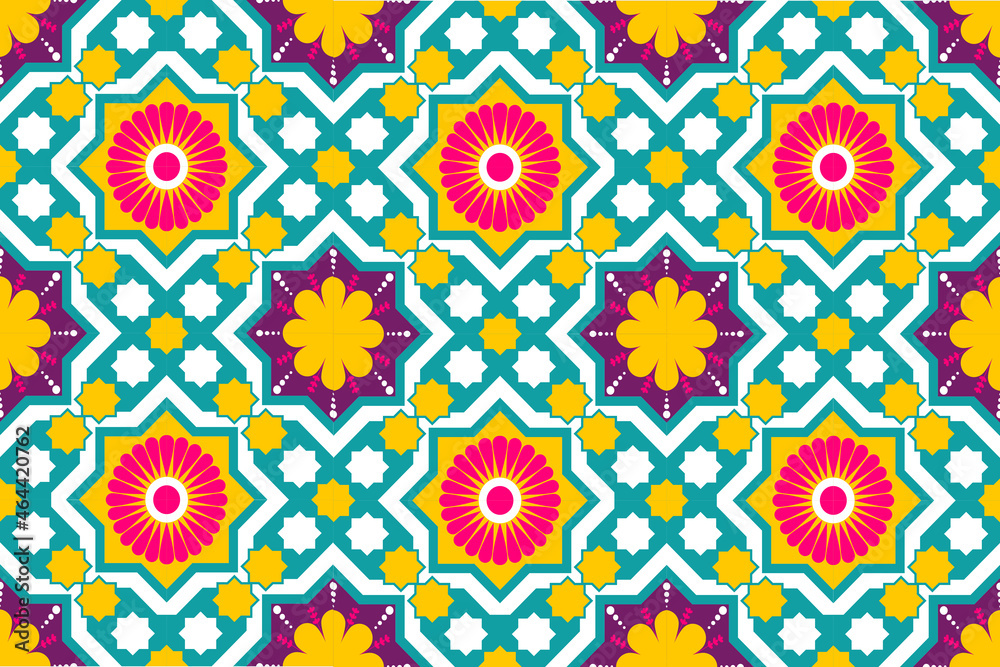 colourful Morocco and Indian ethnic motif seamless pattern with nature traditional background Design for carpet, wallpaper, clothing, wrapping, batik, fabric,Vector illustration embroidery style.