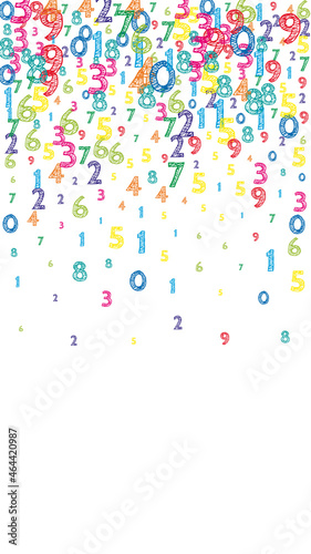 Falling colorful orderly numbers. Math study concept with flying digits. Majestic back to school mathematics banner on white background. Falling numbers vector illustration.
