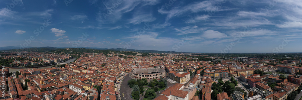 Aerial panorama of Piazza Bra in Verona. Verona, Italy aerial view of the historic city. Monument to Unesco Arena di Verona top view. Famous amphitheater in Italy aerial view.