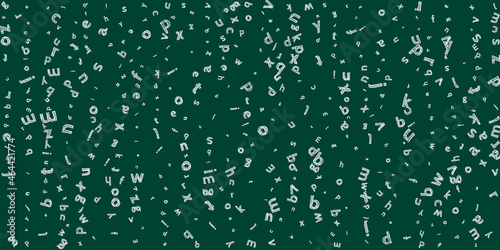 Falling letters of English language. Sketch chalk flying words of Latin alphabet. Foreign languages study concept. Exotic back to school banner on blackboard background.
