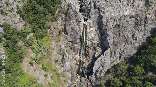 Frecha da Mizarela waterfall at Arouca, Portugal. Aerial approach photo