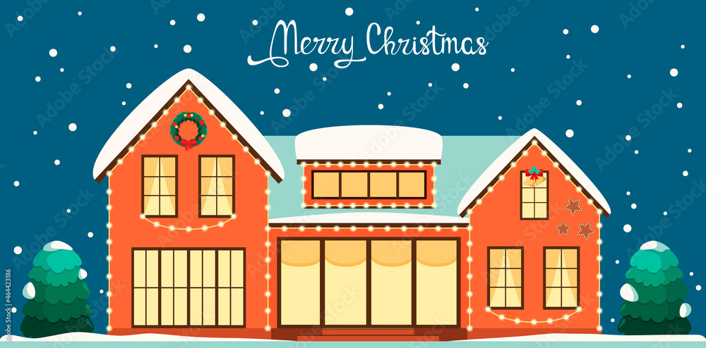 Christmas card. A house decorated with a garland. Snow. Flat design. Christmas card. A house decorated with a garland. Snow. Flat design.