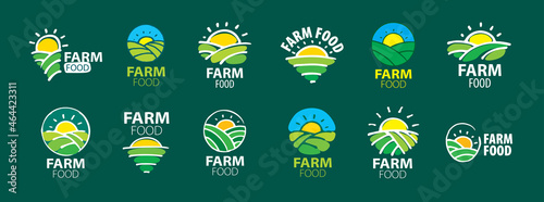 A set of vector Farm food logos on a green background