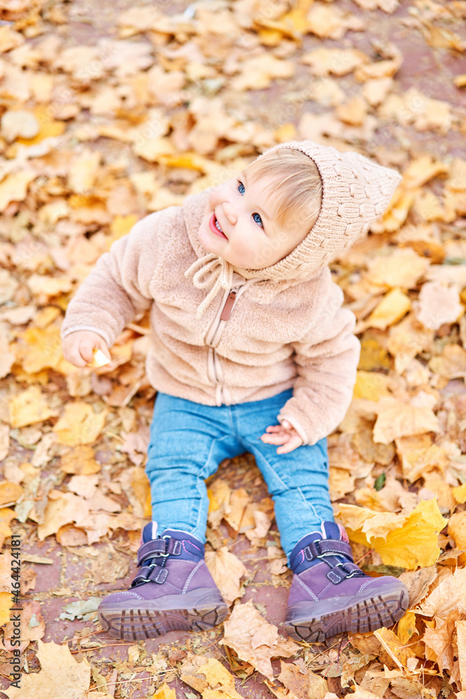 Yellow Autumn Park. Leaf fall and yellow leaves. Portraits of a cute 1 year old baby girl. sunny day. Yellow Autumn Park. Leaf fall and yellow leaves. Portraits of a cute 1 year old baby girl. sunny day.