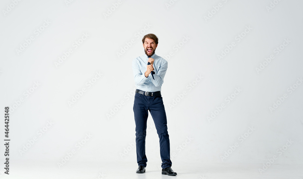 business man in shirt with tie gesture hands emotions studio business man in shirt with tie gesture hands emotions studio