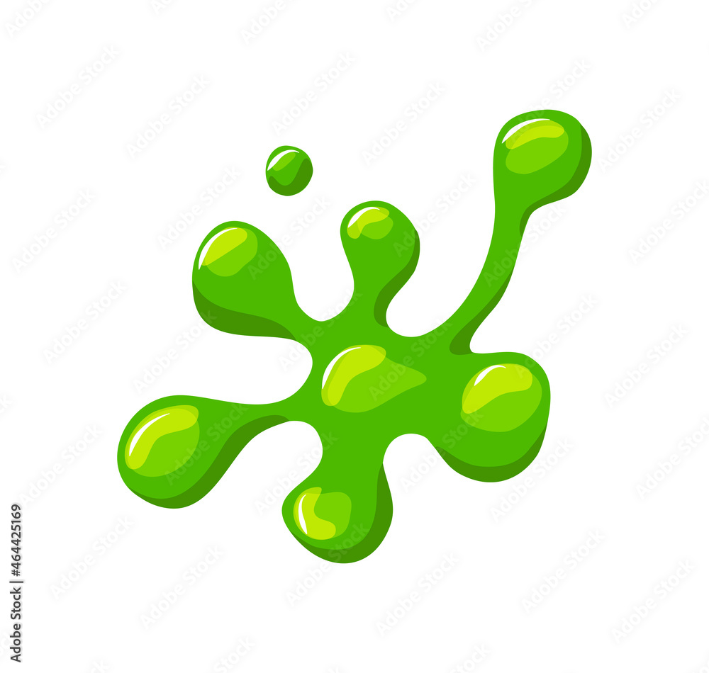 Green slime spill on a white isolated background. Goo blob puddle dripping mucus. Vector cartoon illustration.