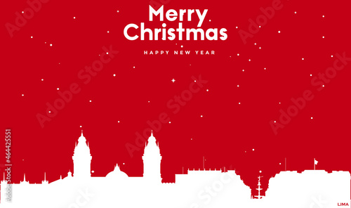 Christmas and new year red greeting card with white cityscape of Lima