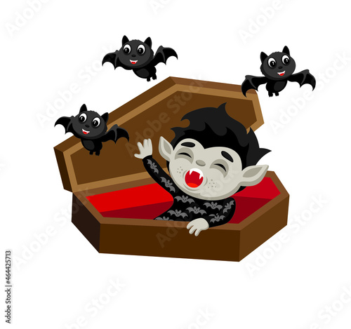 Cute cartoon style illustration of a vampire waking up in his coffin