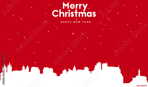 Christmas and new year red greeting card with white cityscape of Salvador