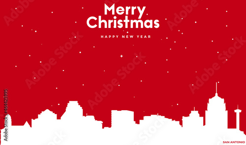 Christmas and new year red greeting card with white cityscape of San Antonio