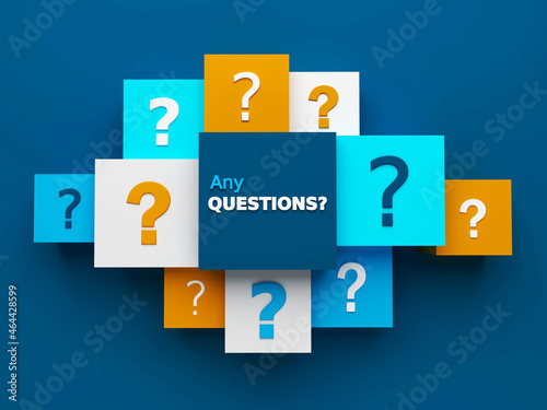 3D render of top view of ANY QUESTIONS? concept with questions marks on colorful cubes on dark blue background