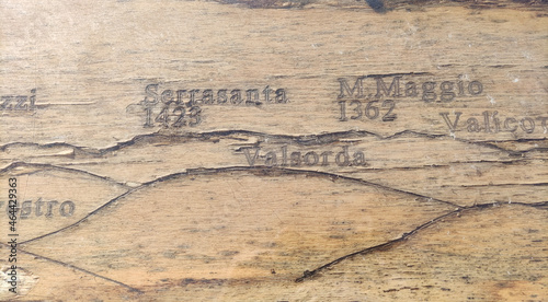 Vecchia tavola di legno incisa con le indicazioni altezza monti