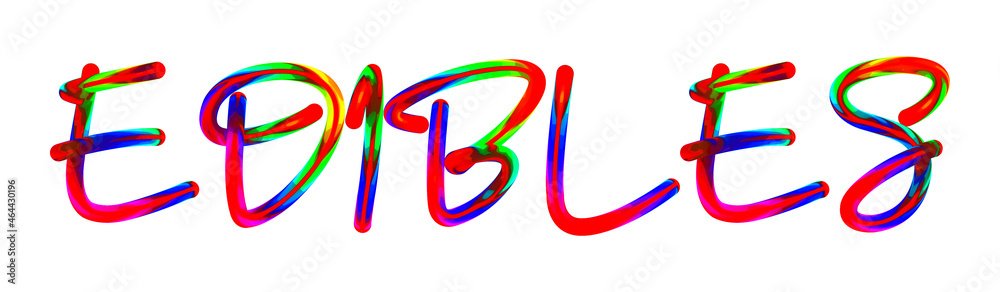 Edibles - text written with colorful custom font on white background. Colorful Alphabet Design 3D Typography