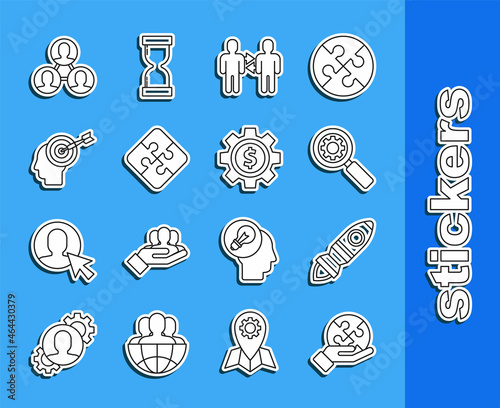 Set line Piece of puzzle in hand, Rocket ship with fire, Magnifying glass gear, Project team base, Head hunting concept, and Gear dollar symbol icon. Vector