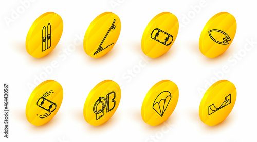 Set line Skate park, Parachute, Diving mask and aqualung, Skateboard trick, Surfboard, and Ski sticks icon. Vector