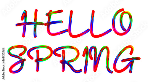 Hello Spring - text written with colorful custom font on white background. Colorful Alphabet Design 3D Typography