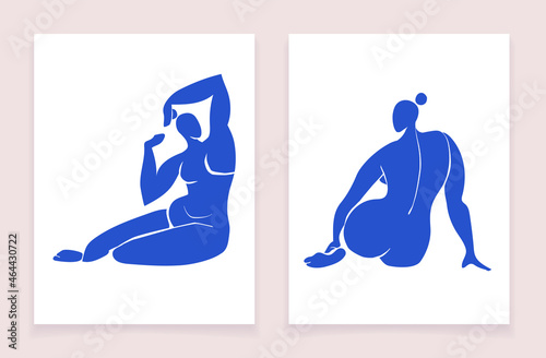 Trendy posters with blue female bodies inspired by Matisse. Cut out female figures in different poses on a white background. Vector illustration of a postcard in a minimal style.