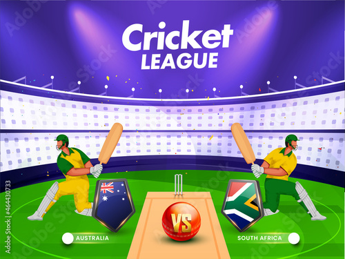 Cricket Match Between Australia VS South Africa With Batsman Players On Stadium Background.