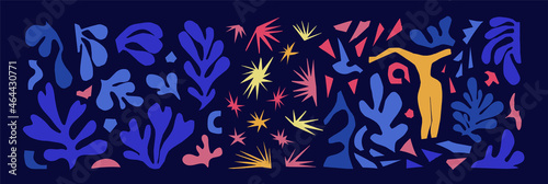 A set of abstract plants and different shapes inspired by Matisse. Vector colored paper cutouts isolated on blue background. Female figure, stars, algae scraps of cut paper.