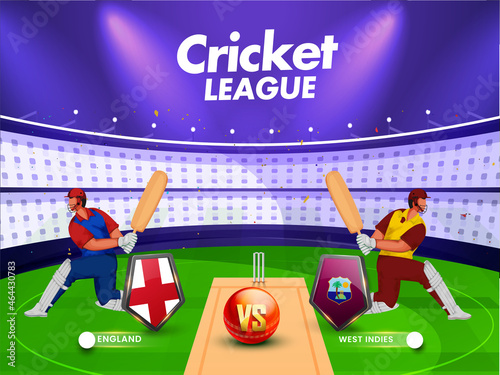 Cricket Match Between England VS West Indies With Batsman Players On Stadium Background.