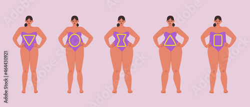 Full female body types isolated. Curvy women stand in a row in purple swimsuits. Vector illustration of chubby girls with triangle, circle, hourglass and rectangle signs.
