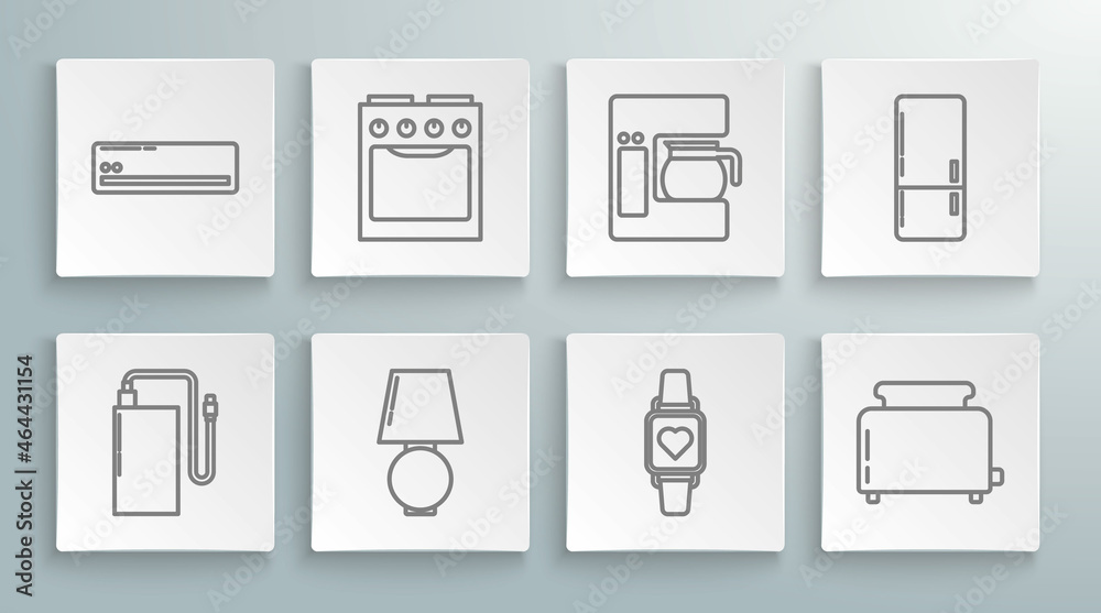 Set line Power bank with different charge cable, Oven, Table lamp, Smart watch showing heart beat rate, Toaster toasts, Coffee machine glass pot, Refrigerator and Air conditioner icon. Vector Set line Power bank with different charge cable, Oven, Table lamp, Smart watch showing heart beat rate, Toaster toasts, Coffee machine glass pot, Refrigerator and Air conditioner icon. Vector