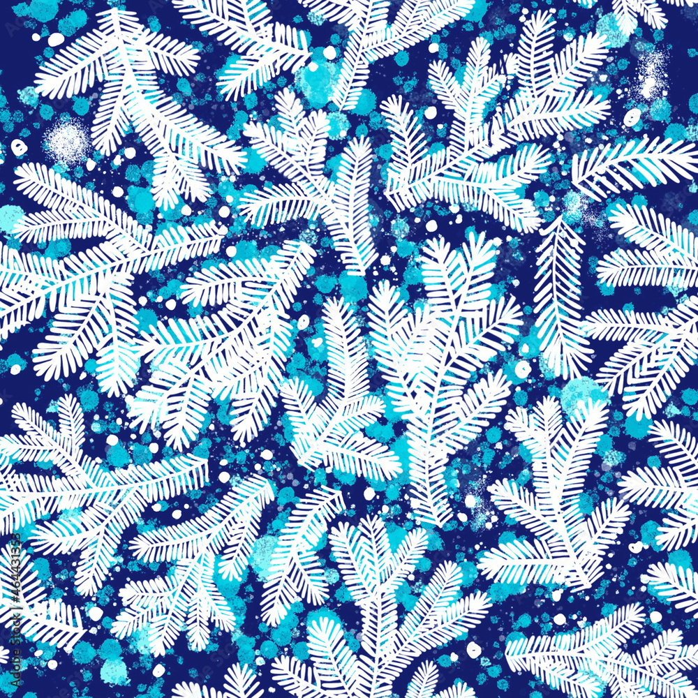Winter New Уear seamless pattern with white Christmas tree branches on blue background in limited colors