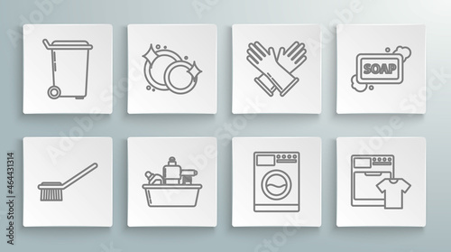 Set line Toilet brush, Washing dishes, Plastic bottles for liquid dishwashing liquid, Washer, and t-shirt, Rubber gloves, Bar of soap with foam and Trash can icon. Vector