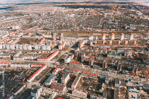 Brest, Belarus. Aerial Bird's-eye View Of New Residential Multi-storey Houses. Cityscape Skyline In Sunny Spring Day