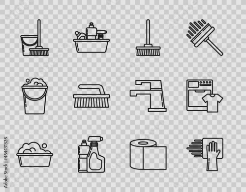 Set line Plastic basin with soap suds, Cleaning service, Mop, bottles for liquid dishwashing liquid, and bucket, Brush cleaning, Toilet paper roll and Washer t-shirt icon. Vector