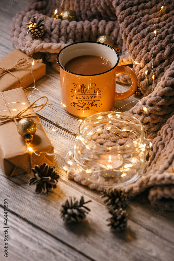 #new year #christmas #background on top #table with gifts and coffee