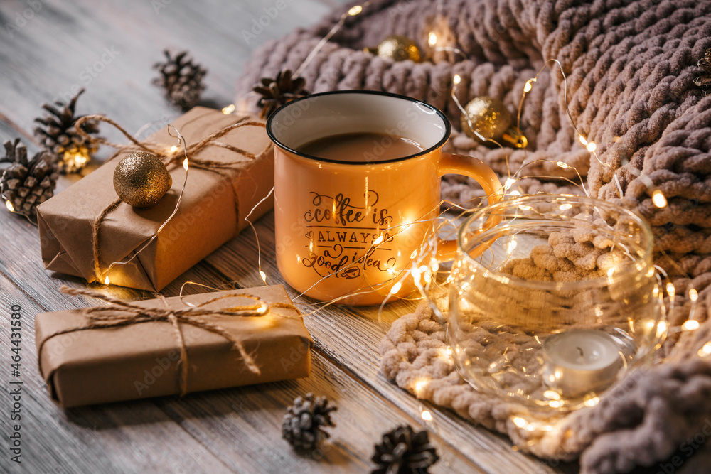 #new year #christmas #background on top #table with gifts and coffee